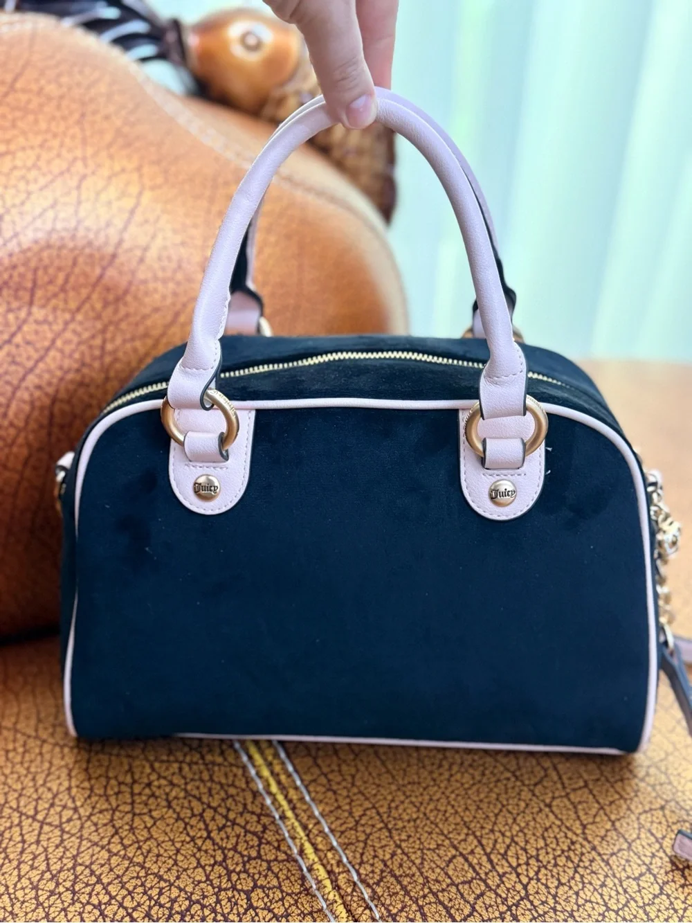 Juicy Couture New Love Chapter Satchel Black Liquorice Velour Gold Handbag